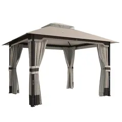 Outsunny 3 x 3.6 m Outdoor Garden Gazebo with Netting and Curtains, Double Roof Patio Gazebo Permanent Pavilion, Khaki - 1