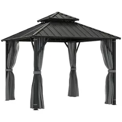 Outsunny 3 x 3(m) Hardtop Gazebo Canopy with Metal Roof, Waterproof Permanent Pavilion Garden Gazebo with Netting, Curtains, Grey - 1