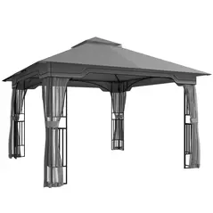 Outsunny 3.3 x 3.3 m Outdoor Garden Gazebo with Post Shelves, UPF50+ Patio Permanent Pavilion with Hook, Dark Grey - 1
