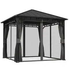 Outsunny 3 x 3(m) Hardtop Gazebo with Galvanised Steel Roof, Waterproof Permanent Pavilion Garden Gazebo with Netting and Curtains for Patio, Deck - 1