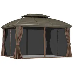 Outsunny 3.65 x 3(m) Hardtop Steel Gazebo Canopy with Aluminium Frame, Double Roof, Net Sidewalls and Curtains, Coffee - 1