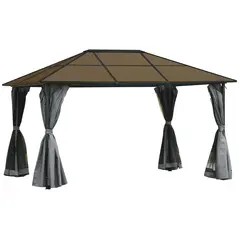 Outsunny 3 x 4m Hardtop Gazebo Canopy with Polycarbonate Roof, Aluminium Frame, Permanent Pavilion Garden Gazebo with Netting and Curtains - Grey - 1