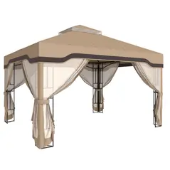 Outsunny 3 x 3.6 m Outdoor Garden Gazebo with Post Shelves, UPF50+ Patio Permanent Pavilion with Hook, Khaki - 1