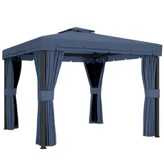 Outsunny 3 x 3(m) Patio Gazebo Canopy Garden Pavilion Tent Shelter Marquee with 2 Tier Roof, Netting and Curtains, Dark Blue - 1
