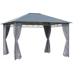 Outsunny 3 x 3.6m Hardtop Gazebo Canopy with Polycarbonate Roof, Permanent Pavilion Garden Gazebo with Curtains for Patio, Deck, Grey - 1