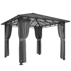 Outsunny 3 x 3 m Outdoor Hardtop Gazebo Canopy with PC Roof, Aluminium Permanent Pavilion Garden Gazebo with Curtains, Tan - 1