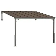 Outsunny 3.4 x 3 m Metal Lean-to Pergola, Wall-Mounted Garden Pergola with Polycarbonate Roof and Metal-Aluminium Frame, Heavy Duty Hardtop Gazebo for Outdoor Patios, BBQ, Brown - 1