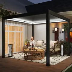 Outsunny 3 x 3(m) Electric Louvered Pergola with LED Lights, Aluminium Pergola Hardtop Gazebo with Remote, Adjustable Roof and Drainage System, Water and UV Proof - 1