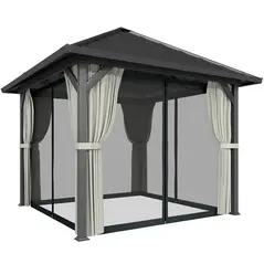 Outsunny 3 x 3(m) Hardtop Gazebo with Galvanised Steel Roof and Water Gutter, Waterproof Permanent Pavilion Garden Gazebo with Netting and Curtains for Patio, Deck, Black - 1