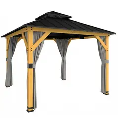 Outsunny 3 x 3 m Outdoor Hardtop Gazebo Canopy with 2-Tier Steel Roof, Wood Garden Gazebo with Curtains, Grey - 1