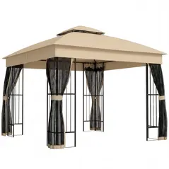 Outsunny 3 x 3 m Outdoor Garden Gazebo with Post Shelves, UPF50+ Double Roof Patio Permanent Pavilion, Brown - 1