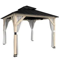 Outsunny 3 x 3 m Outdoor Hardtop Gazebo Canopy with 2-Tier Steel Roof, Wood Garden Gazebo with Curtains, Light Grey - 1