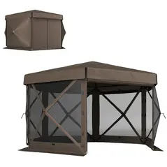 Outsunny 3 x 3(m) Hexagon Pop Up Gazebo with 5 Sides and Carry Bag, Waterproof, UV Resistant Party Tent Instant Event Shelter with Netting for Garden, Patio, Brown - 1