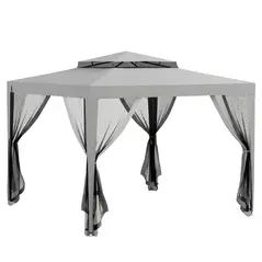 Outsunny 3 x 3 m Gazebo, Netting Party Tent, Patio Canopy Outdoor Event Shelter with Double Tier Roof, Light Grey - 1