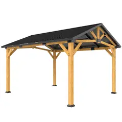 Outsunny 3.5 x 4 m Hardtop Gazebo Canopy with Galvanised Metal Roof, Fir Wood Frame and Hook for Patio, Garden, Black Grey - 1