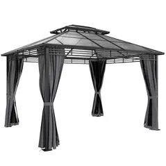 Outsunny 3 x 3.6 m Outdoor Hardtop Gazebo Canopy with 2-Tier Roof, Permanent Pavilion Garden Metal Gazebo with Sides, Dark Grey - 1