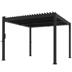 Outsunny 3 x 3 m Louvered Pergola with Solar LED lights, Metal Roof, Patio Gazebo Pergola Canopy with Drainage Gutters, Black - 1