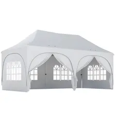 Outsunny 3 x 6m Pop Up Gazebo Shelter with Sides, 6 Sandbags, Peak Top Garden Party Tent Marquee with Carry Bag, Light Grey/White - 1