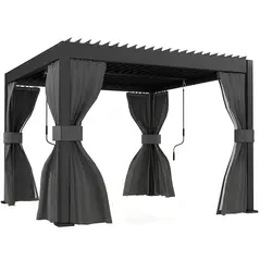 Outsunny 3 x 3 m Louvered Pergola with Adjustable Metal Louvred Roof, Aluminium Patio Gazebo with Netting and Curtains, Dark Grey - 1