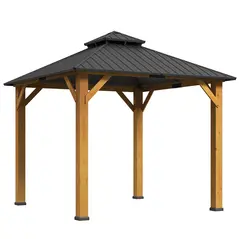 Outsunny 3x(3)M Outdoor Hardtop Gazebo Canopy with 2-Tier Roof and Solid Wood Frame, Outdoor Patio Shelter for Patio, Garden, Grey - 1