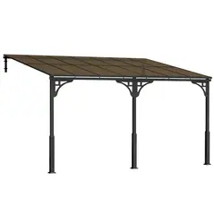 Outsunny 4 x 3 m Metal Lean-to Pergola, Wall-Mounted Garden Pergola with Polycarbonate Roof and Metal-Aluminium Frame, Heavy Duty Hardtop Gazebo for Outdoor Patios, BBQ, Brown - 1