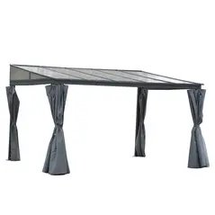 Outsunny 4 x 3(m) Outdoor Hardtop Gazebo with Curtains, Lean to Aluminium Pergola with Polycarbonate Roof, Garden Pavilion Sun Shade Shelter, Grey - 1