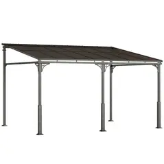 Outsunny 4 x 3 m Metal Lean-to Pergola, Wall-Mounted Garden Pergola with Polycarbonate Roof and Metal-Aluminium Frame, Heavy Duty Hardtop Gazebo for Outdoor Patios, BBQ, Brown - 1