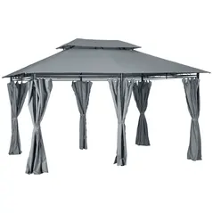 Outsunny 4m x 3(m)Garden Gazebo, Double Roof Outdoor Gazebo Canopy Shelter with Curtains, Solid Steel Frame for Lawn and Deck, Grey - 1