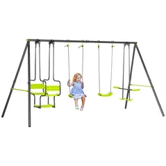 Outsunny Metal Garden Swing Set with Double Swings, Glider, Swing Seats - Green - 1