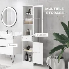 kleankin Bathroom Storage Cabinet with 3-tier Shelf Drawer Door, Floor Cabinet Free Standing Tall Slim Side Organizer Shelves, White - 4