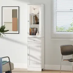 kleankin Bathroom Storage Cabinet with 3-tier Shelf Drawer Door, Floor Cabinet Free Standing Tall Slim Side Organizer Shelves, White - 9