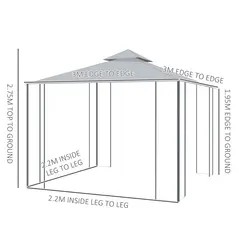 Outsunny 3(M)x3(M) Garden Gazebo Double Top Outdoor Canopy Patio Event Party Wedding Tent Backyard Sun Shade with Netting - Grey - 3