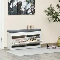 HOMCOM Shoe Storage Bench with Flip Drawers, Shoe Cabinet with Seat Cushion and Adjustable Shelf for Hallway, Entryway, Living Room, Bedroom, White - 2