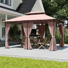 Outsunny 4m x 3(m)Garden Gazebo, Double Roof Outdoor Gazebo Canopy Shelter with Curtains, Solid Steel Frame for Patio, Garden, Brown - 7