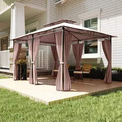 Outsunny 4m x 3(m)Garden Gazebo, Double Roof Outdoor Gazebo Canopy Shelter with Curtains, Solid Steel Frame for Patio, Garden, Brown - 8