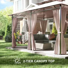 Outsunny 4m x 3(m)Garden Gazebo, Double Roof Outdoor Gazebo Canopy Shelter with Curtains, Solid Steel Frame for Patio, Garden, Brown - 4