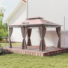 Outsunny 4m x 3(m)Garden Gazebo, Double Roof Outdoor Gazebo Canopy Shelter with Curtains, Solid Steel Frame for Patio, Garden, Brown - 3