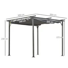 Outsunny 3 x 3(m) Metal Retractable Pergola, Garden Gazebo Metal Pergola Canopy Outdoor Sun Shade Shelter for Party BBQ, Grey - 3