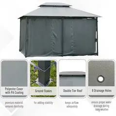 Outsunny 4m x 3(m)Garden Gazebo, Double Roof Outdoor Gazebo Canopy Shelter with Curtains, Solid Steel Frame for Lawn and Deck, Grey - 4