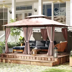 Outsunny 4m x 3(m)Garden Gazebo, Double Roof Outdoor Gazebo Canopy Shelter with Curtains, Solid Steel Frame for Patio, Garden, Brown - 9