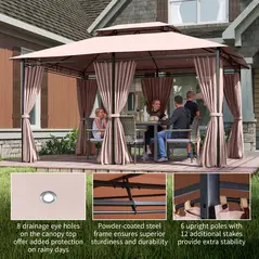 Outsunny 4m x 3(m)Garden Gazebo, Double Roof Outdoor Gazebo Canopy Shelter with Curtains, Solid Steel Frame for Patio, Garden, Brown - 6