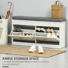 HOMCOM Shoe Storage Bench with Flip Drawers, Shoe Cabinet with Seat Cushion and Adjustable Shelf for Hallway, Entryway, Living Room, Bedroom, White - 4