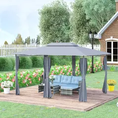 Outsunny 4m x 3(m)Garden Gazebo, Double Roof Outdoor Gazebo Canopy Shelter with Curtains, Solid Steel Frame for Lawn and Deck, Grey - 2