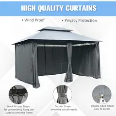 Outsunny 4m x 3(m)Garden Gazebo, Double Roof Outdoor Gazebo Canopy Shelter with Curtains, Solid Steel Frame for Lawn and Deck, Grey - 5