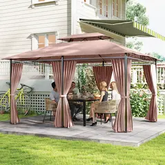 Outsunny 4m x 3(m)Garden Gazebo, Double Roof Outdoor Gazebo Canopy Shelter with Curtains, Solid Steel Frame for Patio, Garden, Brown - 2