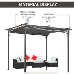 Outsunny 3 x 3(m) Metal Retractable Pergola, Garden Gazebo Metal Pergola Canopy Outdoor Sun Shade Shelter for Party BBQ, Grey - 4