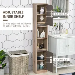 HOMCOM Narrow Bathroom Cabinet, Slim Bathroom Storage Unit with Open Compartment, Freestanding Storage Cupboard with Adjustable Shelves for Small Spaces, 30 x 24 x 170 cm, Grey and Oak - 6