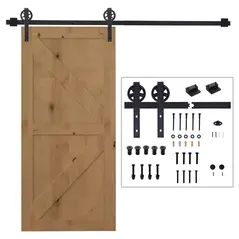 HOMCOM 6.6 FT/ 2000mm Carbon Steel Sliding Barn Door Kits Hardware Closet Set Track System for Single Wooden Door Industrial Wheel Style Roller - 9