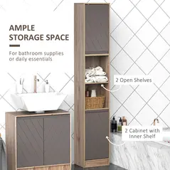 HOMCOM Narrow Bathroom Cabinet, Slim Bathroom Storage Unit with Open Compartment, Freestanding Storage Cupboard with Adjustable Shelves for Small Spaces, 30 x 24 x 170 cm, Grey and Oak - 4