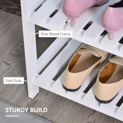 HOMCOM 3-Tier Shoe Rack Wood Frame Slatted Shelves Spacious Open Hygienic Storage Home Hallway Furniture Family Guests 70L x 26W x 57.5H cm - White - 6